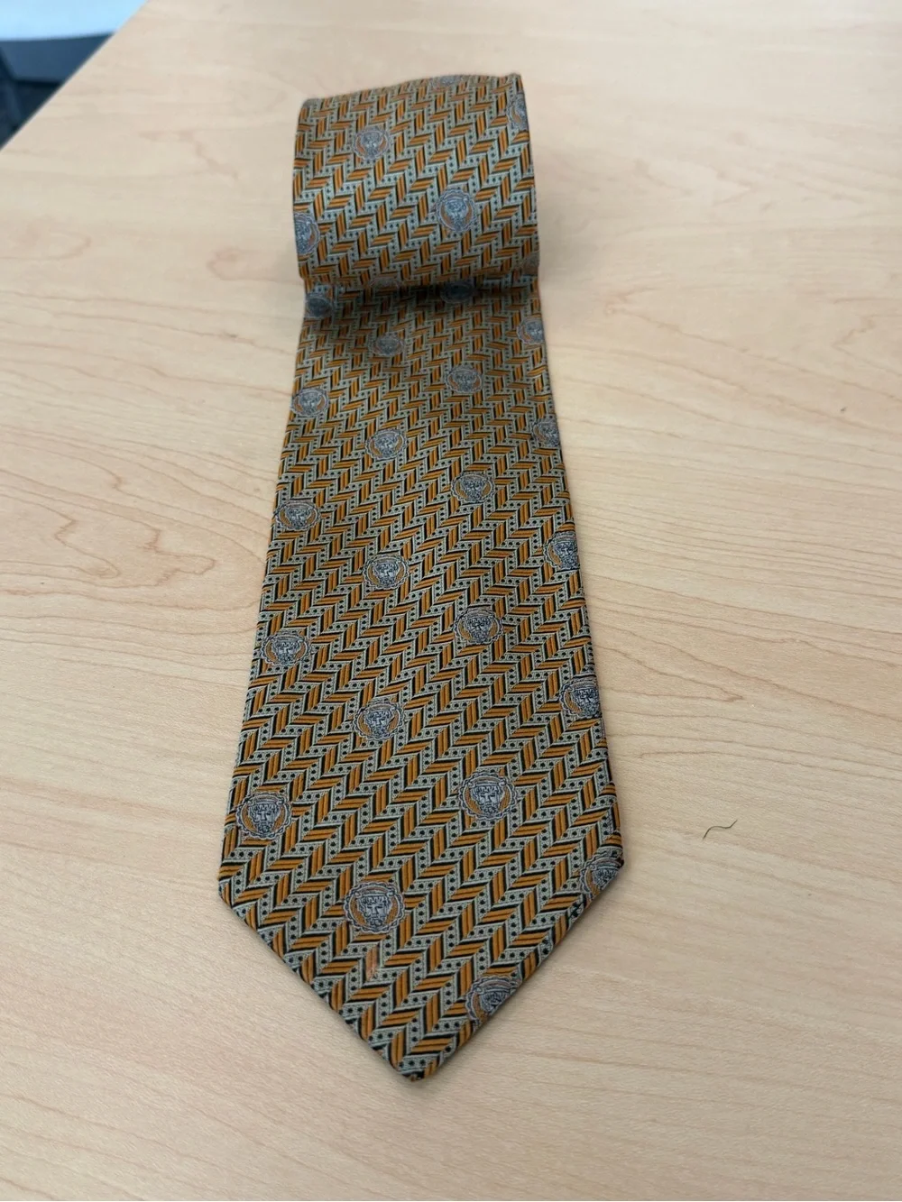Versace Gold and Gray Medallion Pattern Silk Tie